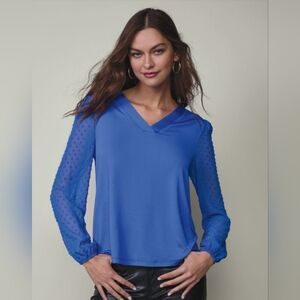 Avon Eyelash Sleeve Blue Blouse, Long Sleeve V Neck, Size S
